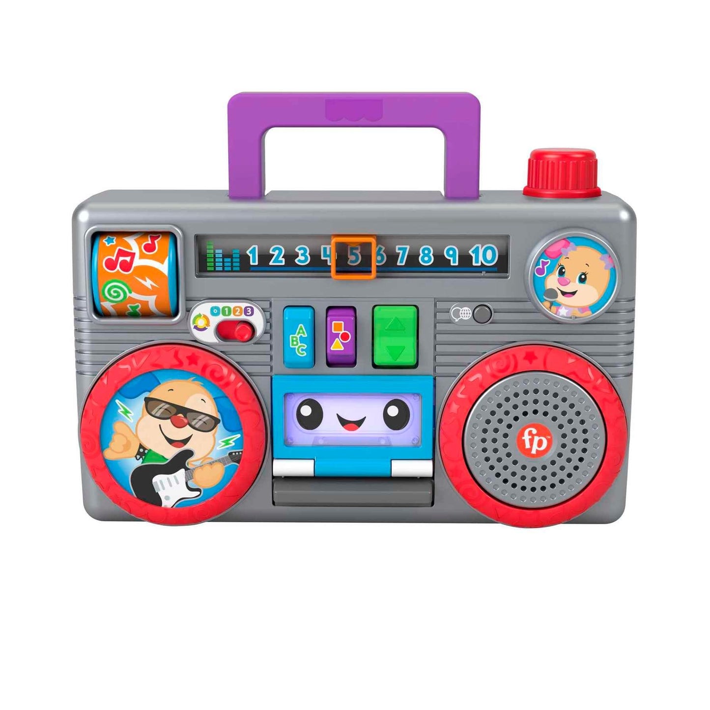 Fisher-Price Laugh & Learn Busy Boombox - UK English Edition, Retro-Inspired Musical Infant Activity Toy with Learning Content for Baby and Toddlers
