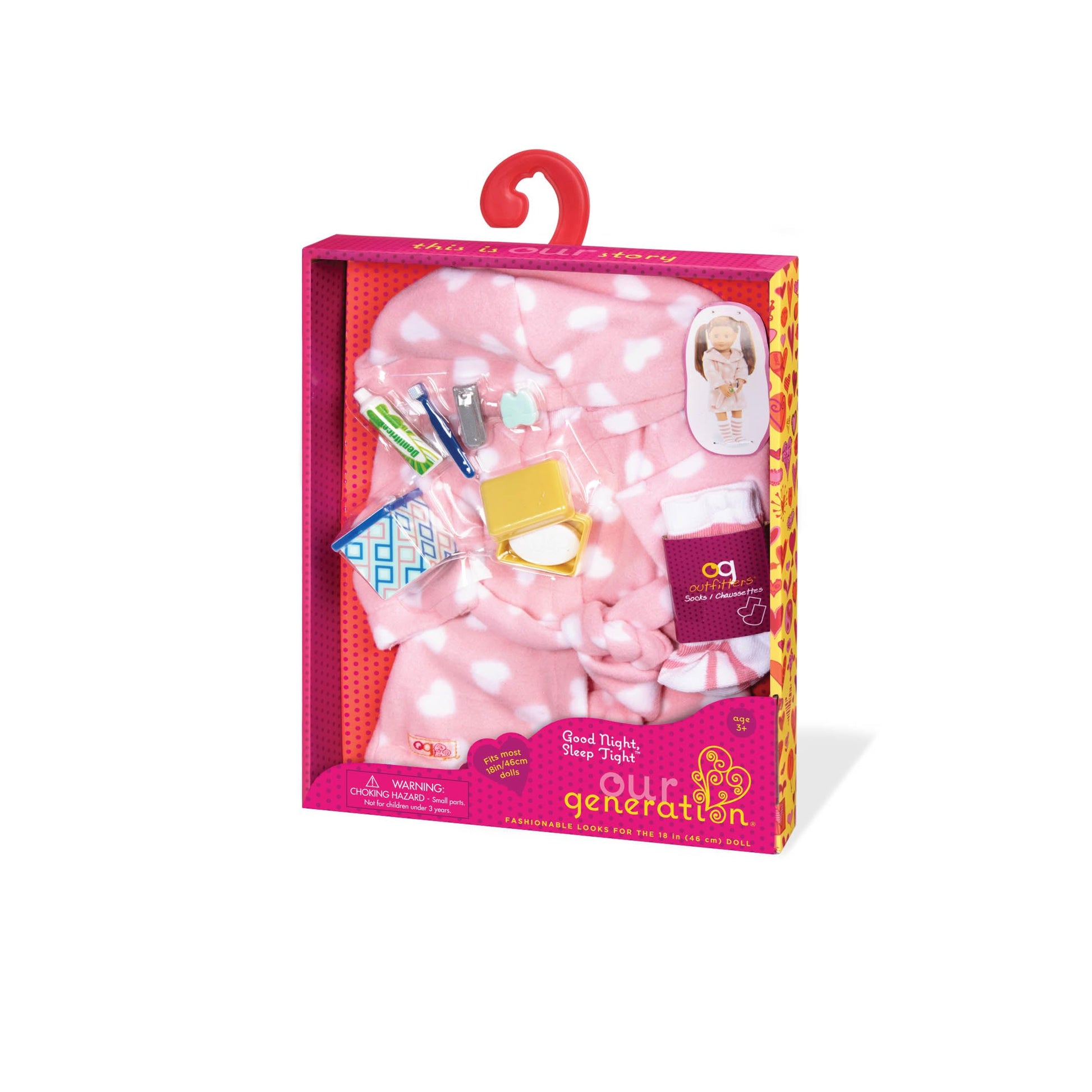 Our Generation Good Night, Sleep Tight Outfit - Bedtime Essentials Outfit with Heart Print Robe for 18-inch Dolls - 10 Piece Sleepover Clothing and
