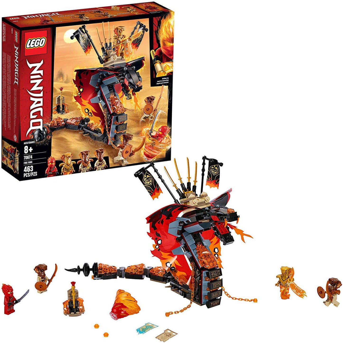 LEGO NINJAGO Fire Fang 70674 Snake Action Toy Building Set with Stud Shooters and Ninja Minifigures Characters, Perfect for Group Play (463 Pieces)