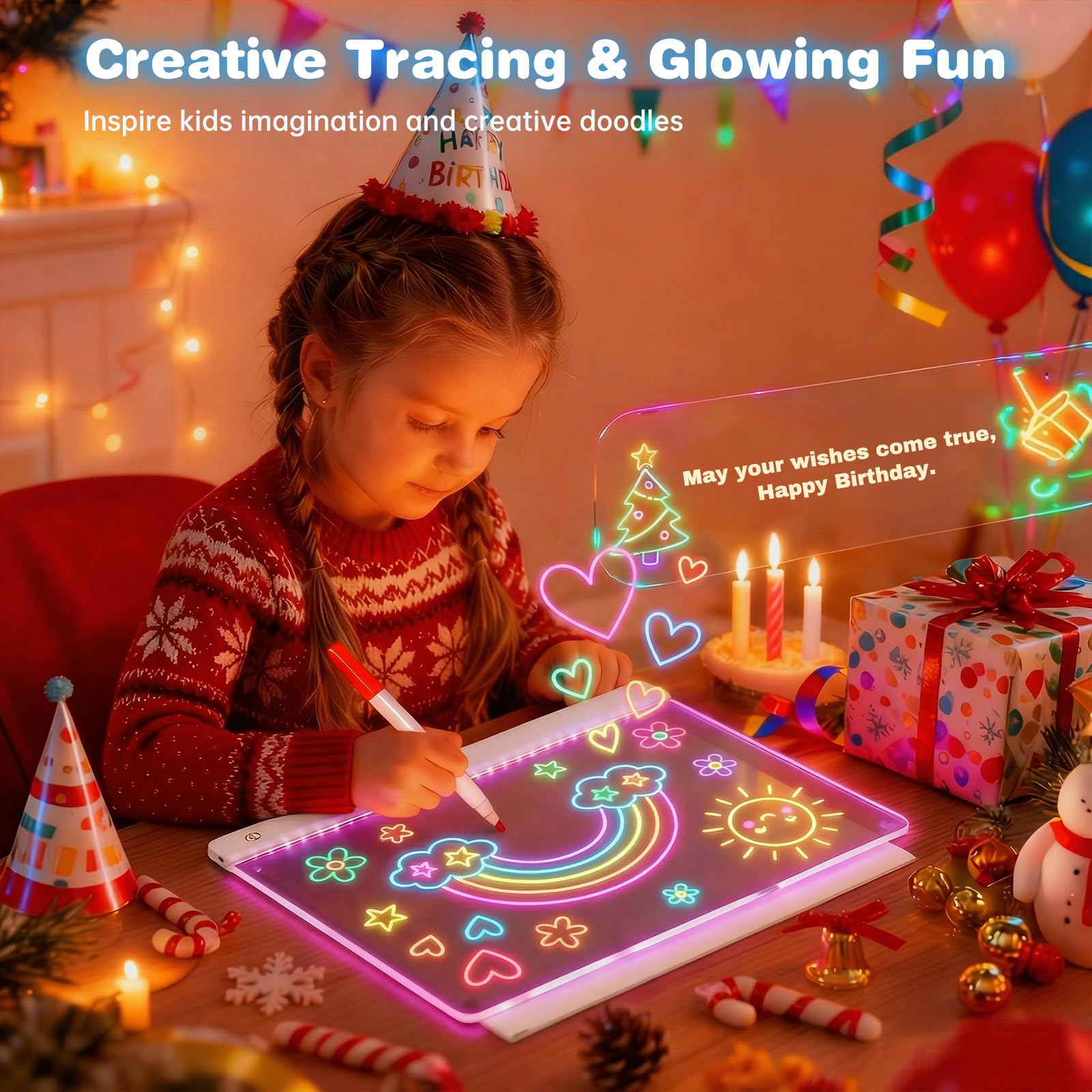 HONGDPENP Rechargeable LED Drawing Board, Light Up Doodle Pad with 7 Colors & 3 Modes, 7 Neon Markers & Stylus, Dry Erase Glow Sketch Tablet