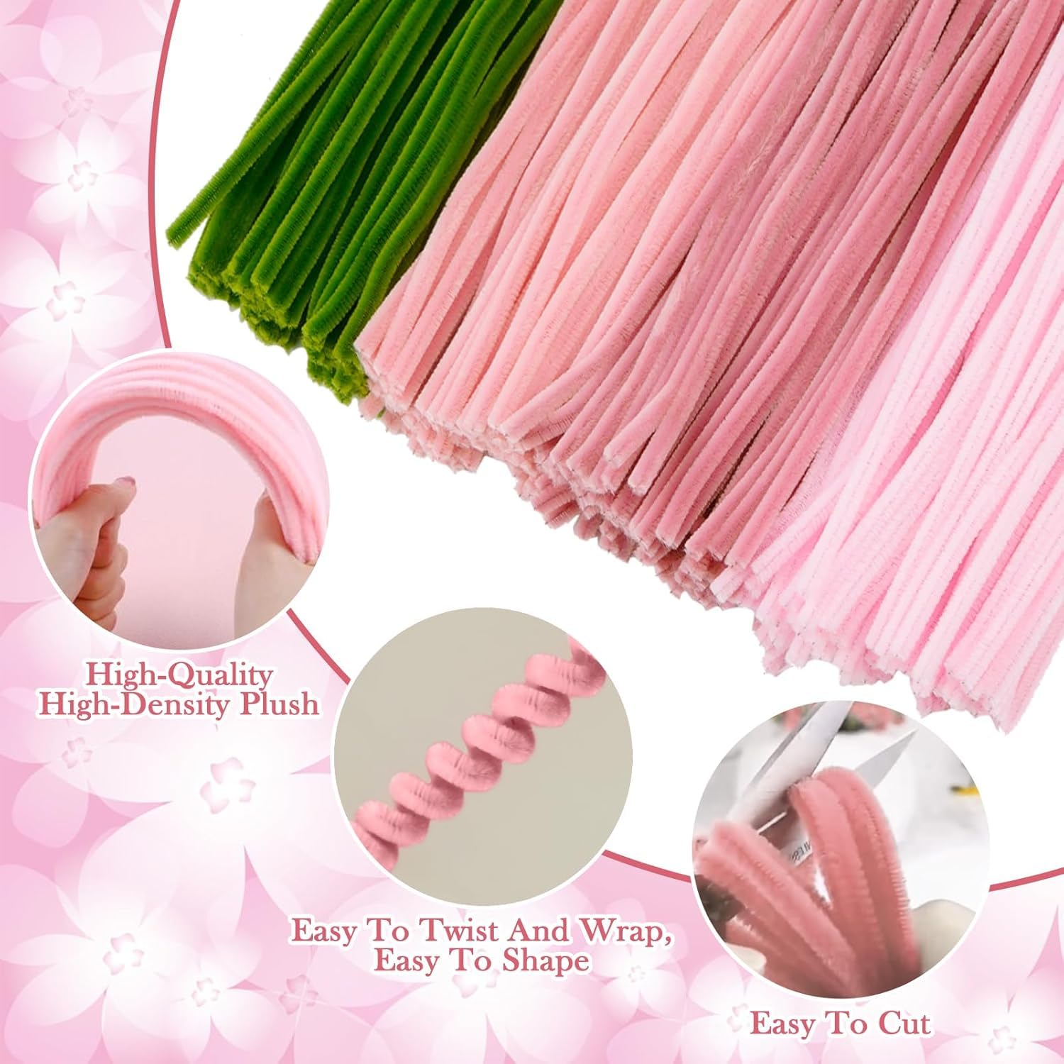 DVKKHD 400 Pcs Pink Pipe Cleaners Kit, 4 Colors Chenille Stems DIY Bouquet