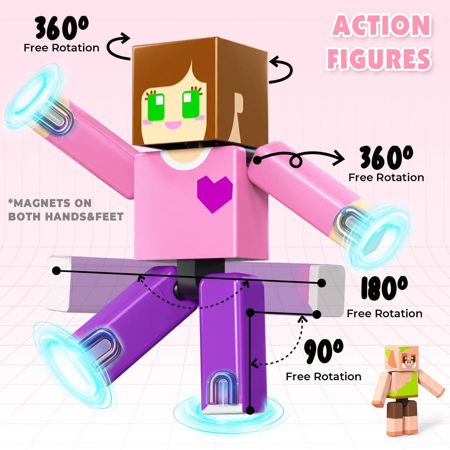 Mini Magnetic Tiles with 2 Little Action People, Light Up Travel Tiles with Magnetic Action Figures for Princess Castle, Micro Magnet Portable Toys