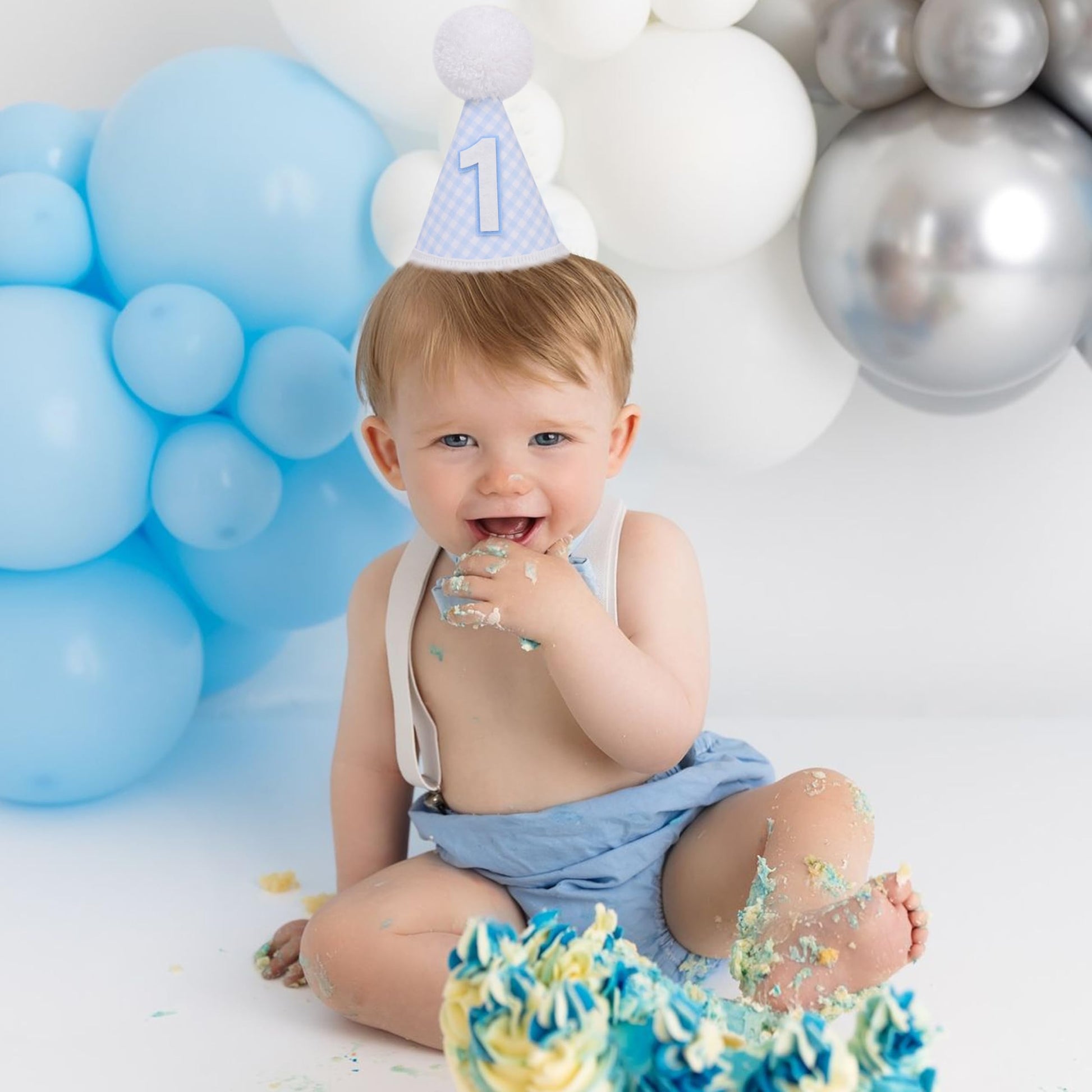 LINGANA Blue White Gingham 1st Birthday Hat - Simple One Birthday Party Decorations,First Cake Smash Photo Prop,Blue and White Plaid Cone Hat,Cute