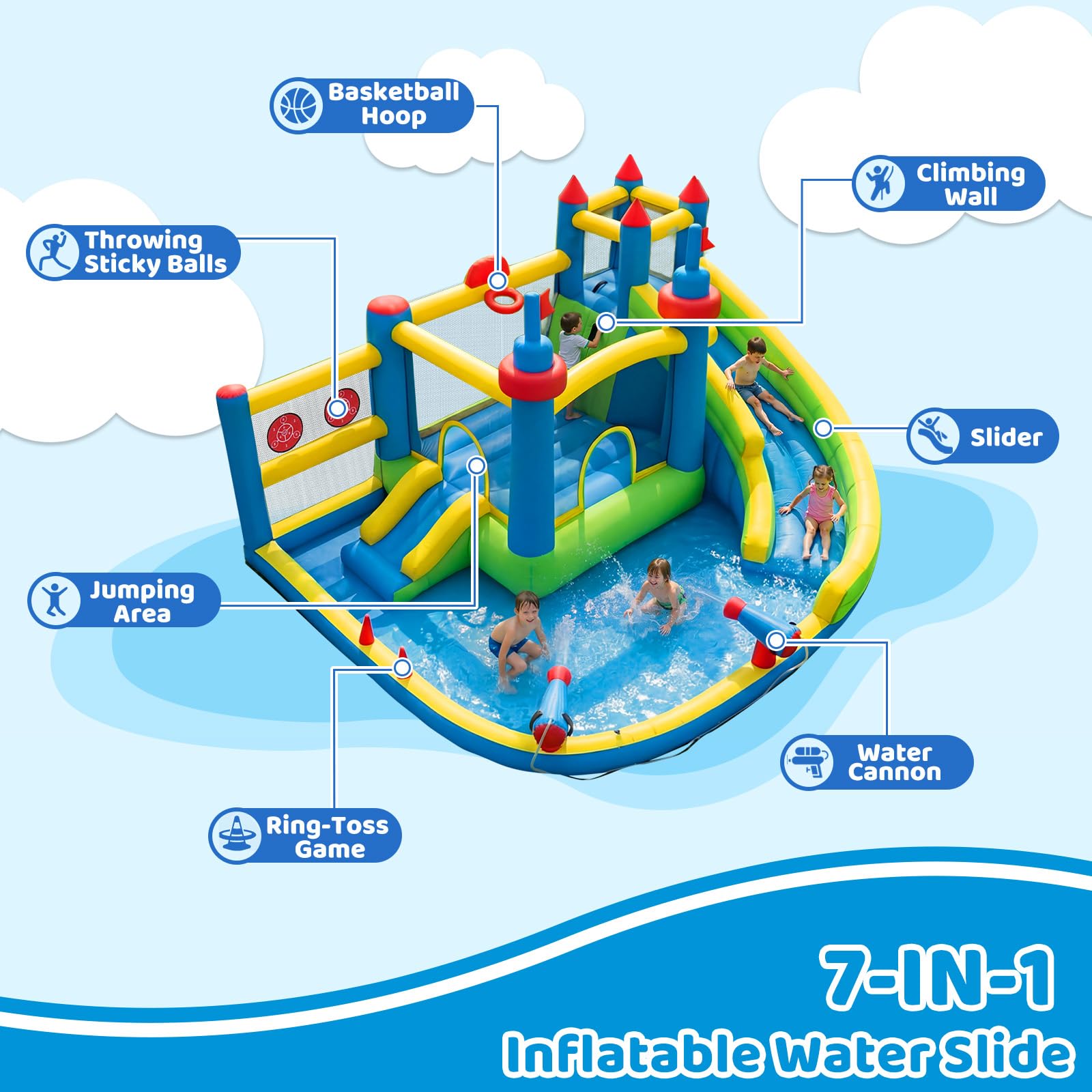 SunSwell Inflatable Water Slide for Kids Backyard with 450W Blower, Jumping Castle with Water Slide, Water Park Bounce House for Indoor and Outdoor