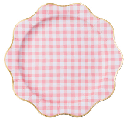 Bonjour Fête Light Pink Gingham Paper Party Plates | Large Disposable Dinner Plates for Valentines Plate, Baby Showers, Spring & Birthday Celebrations