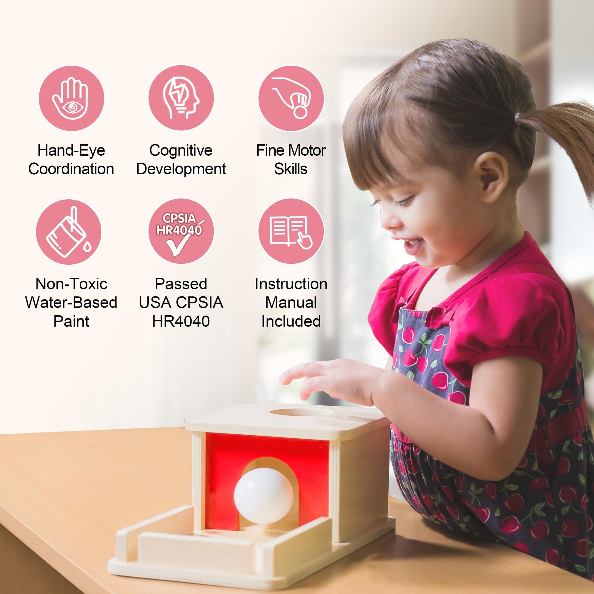 Montessori Wooden Object Permanence Box Toys for Babies, Ball Drop Toy with Tray for 18+ Months Kids, Fine Motor Toys for 2 3 Years Old, Sensory Toy