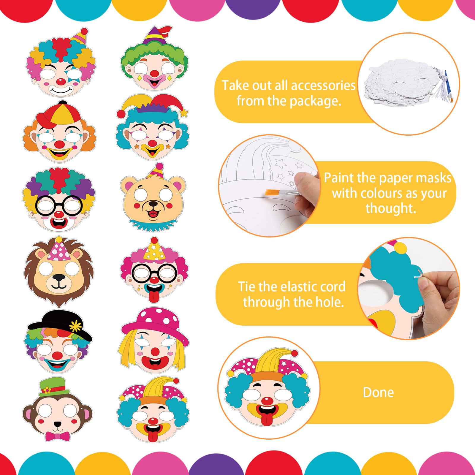 ZEELONA 24 Pcs Circus Craft for Kids Summer Class Color Your Own Clown Mask