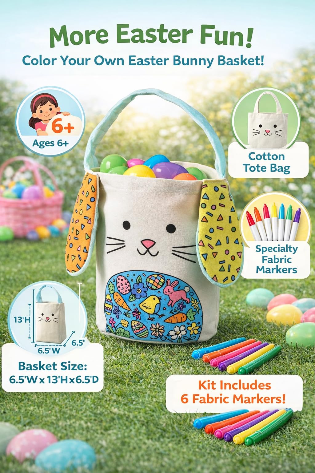 Crocodile Creek Color Your Own Easter Bunny Basket Craft Kit - Cotton Easter Basket with 6 Fabric Markers for Kids Ages 6+ - DIY Easter Activity