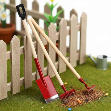 3Pcs Miniature Dollhouse Garden Tools, 1:12 Scale Mini Shovels and Rake Farm Tools, Fairy Garden Dollhouse Accessories Furniture Toy Sets (Red, 3.2