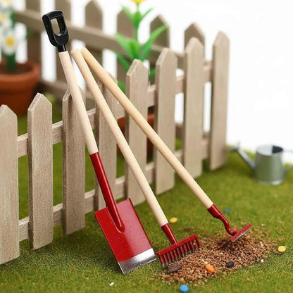 3Pcs Miniature Dollhouse Garden Tools, 1:12 Scale Mini Shovels and Rake Farm Tools, Fairy Garden Dollhouse Accessories Furniture Toy Sets (Red, 3.2