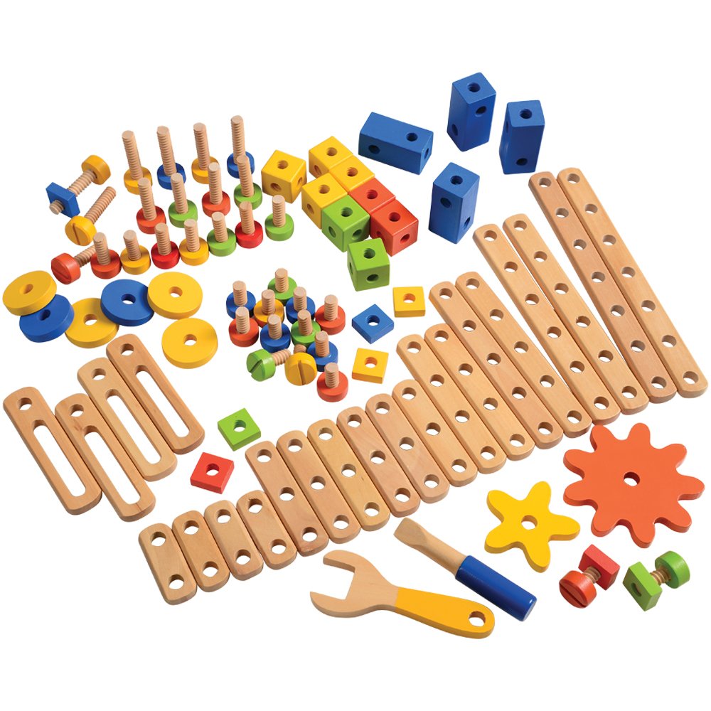 Constructive Playthings Wood Stress Nut and Bolt Builder with Activity Cards, Building Toys for Toddlers, Early STEM and Fine Motor Skills, 84-Piece