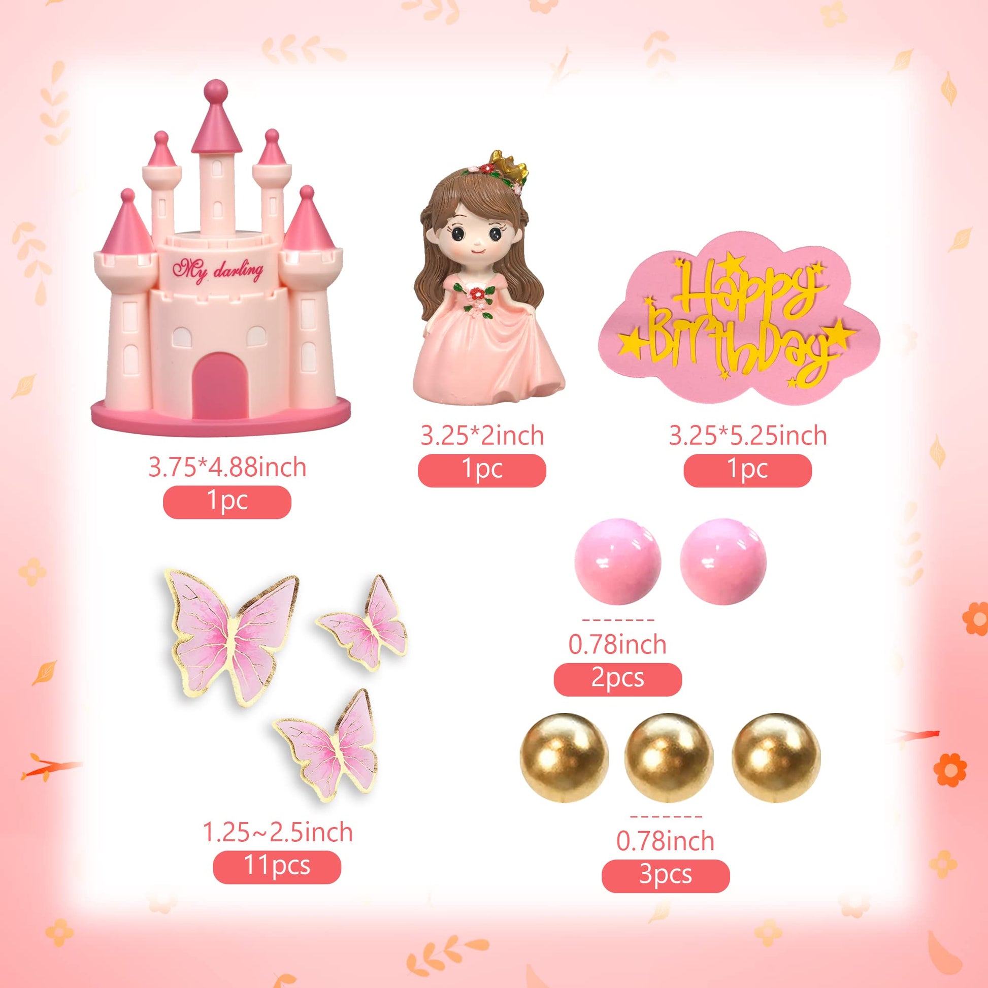 19 PCS Princess Cake Topper Castle Cake Decoration with Butterflies and Balls for Princess Birthday Supplies (Pink)