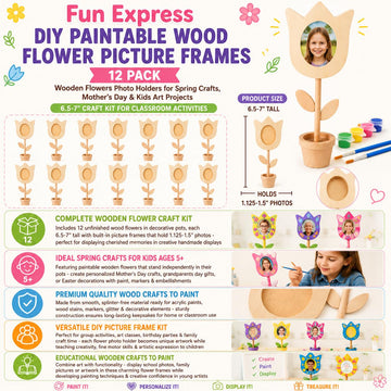 Fun Express DIY Paintable Wood Flower Picture Frames 12 Pack - Wooden Flowers Photo Holders for Spring Crafts, Mother's Day & Kids Art Projects |
