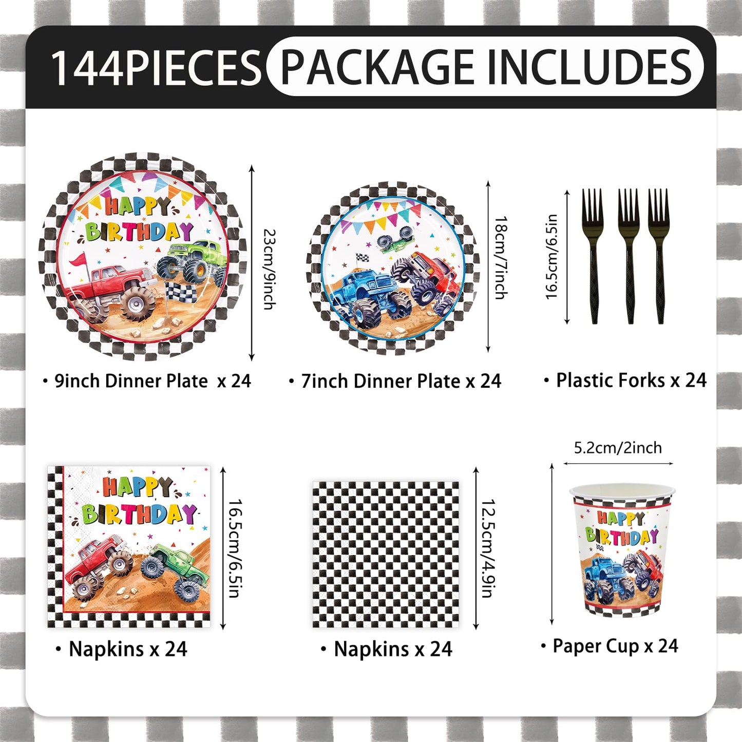 144pcs Monster Truck Birthday Party Decorations Plates Napkins 24 Guests