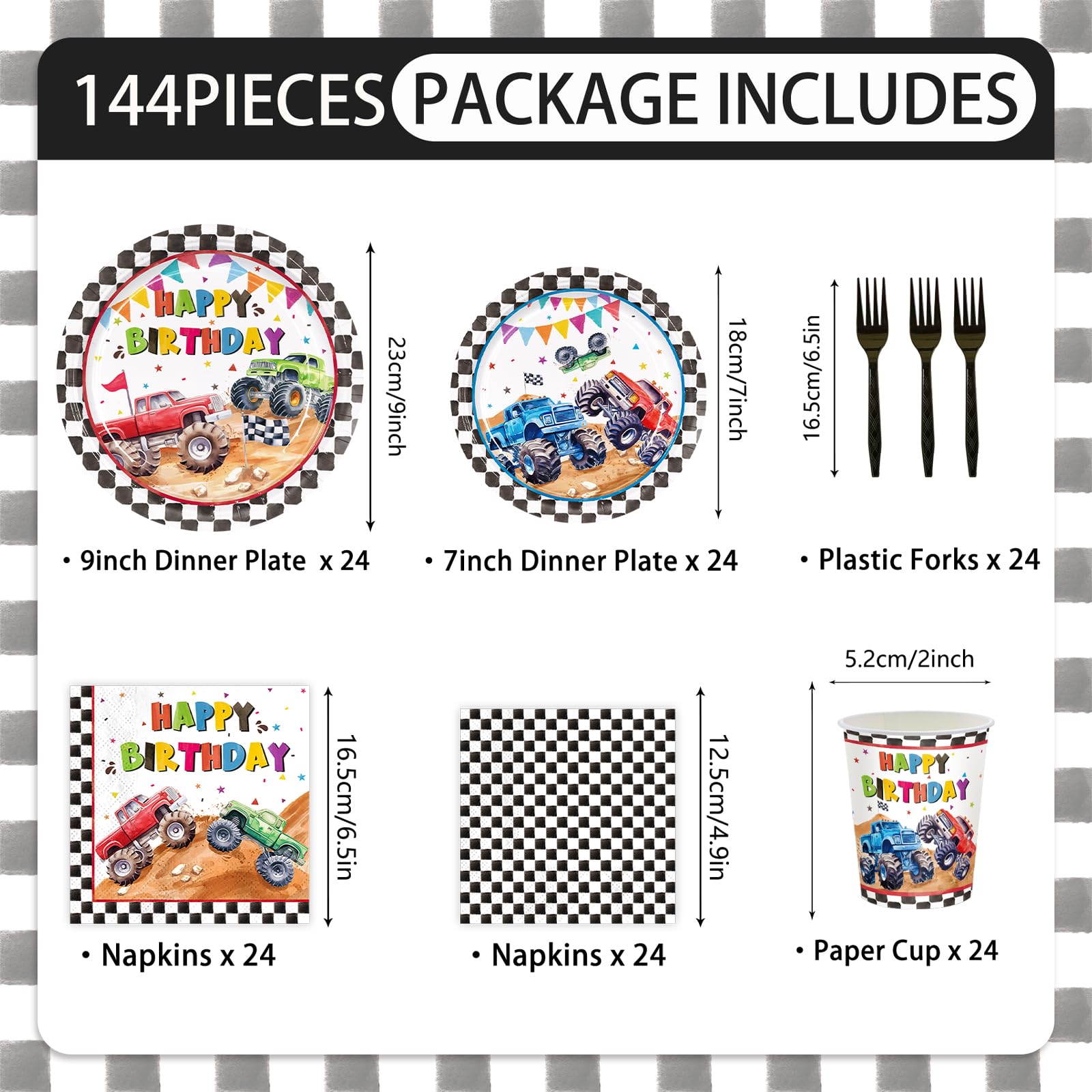 144pcs Monster Truck Birthday Party Decorations Plates Napkins 24 Guests