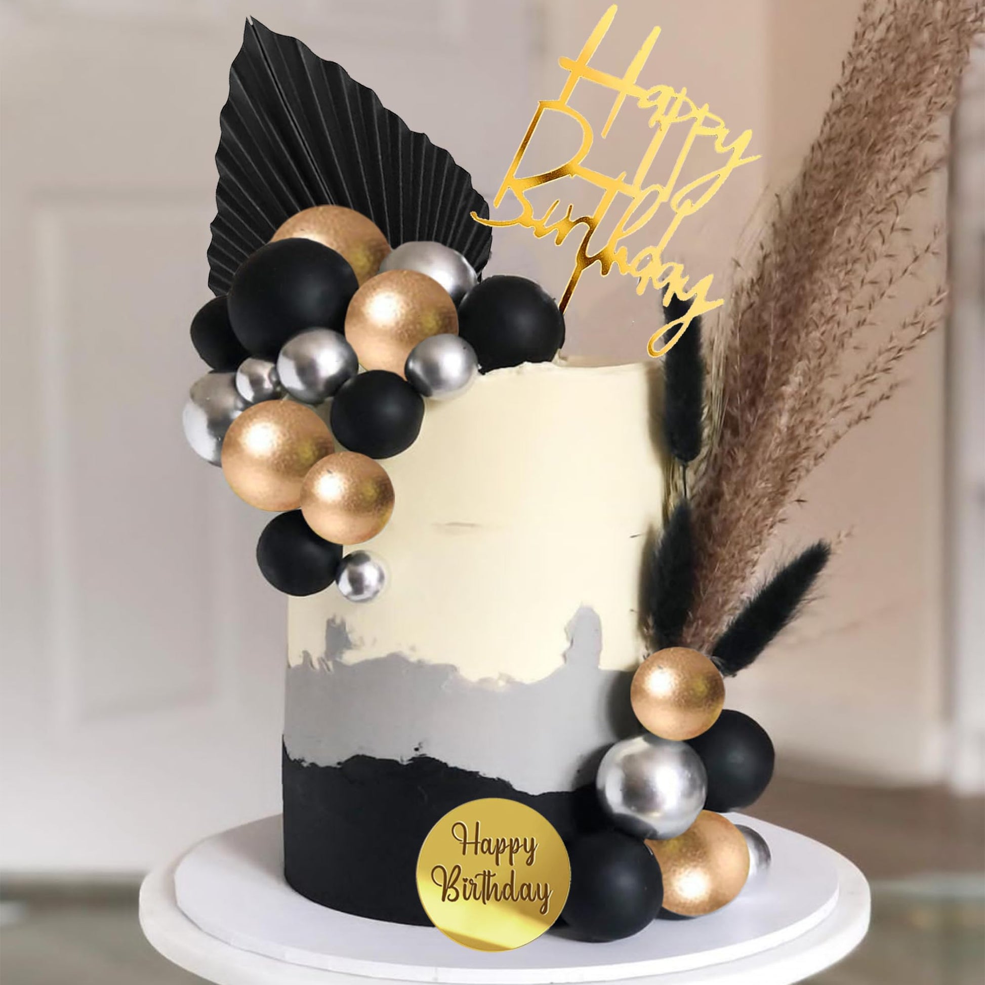 Happy Birthday Cake Topper Black Gold Ball Cake Decorations