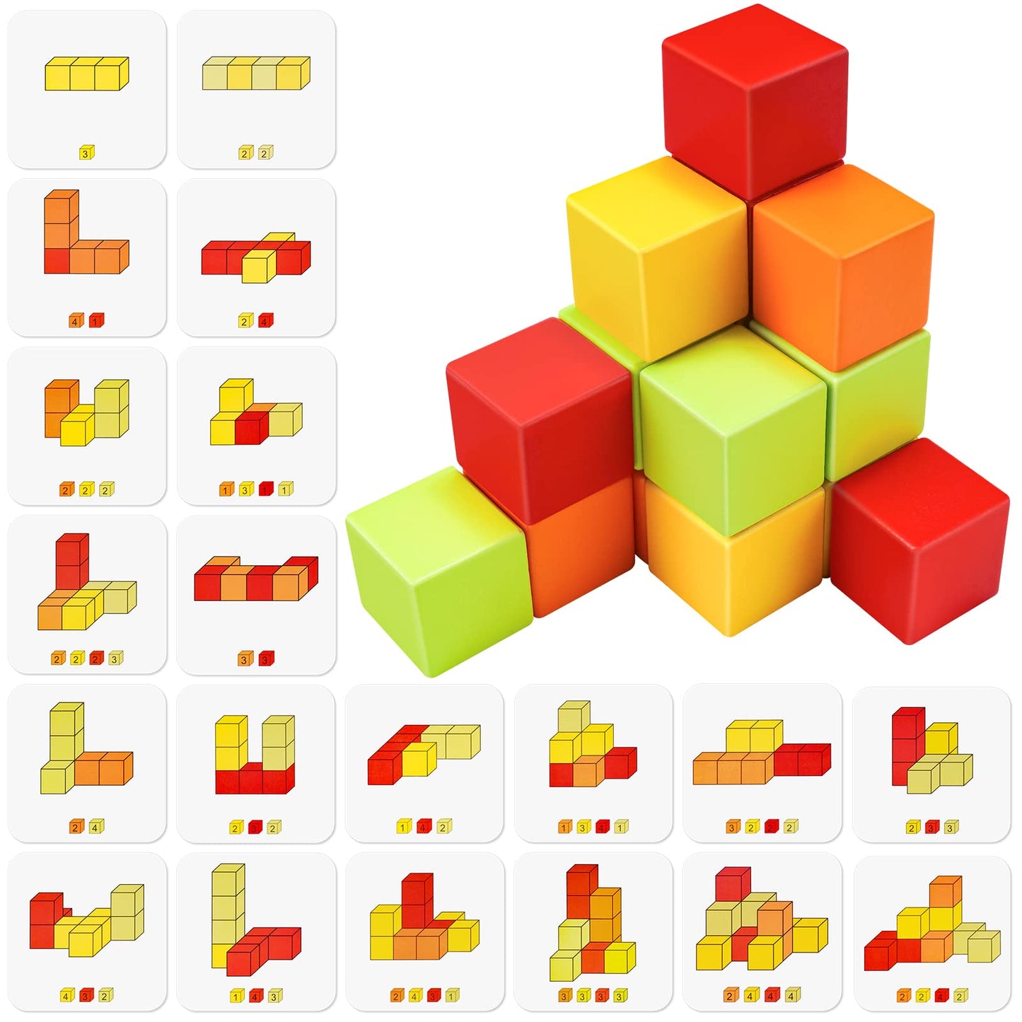 NiToy Wooden Cube Toy 16PCS Building Blocks for Kids 40 Pattern Cards and Storage Pouch, 4 Colors 3D Space Stacking Game STEM Educational Preschool