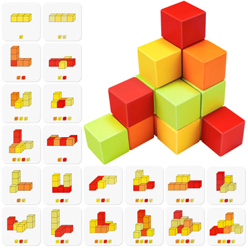 NiToy Wooden Cube Toy 16PCS Building Blocks for Kids 40 Pattern Cards and Storage Pouch, 4 Colors 3D Space Stacking Game STEM Educational Preschool