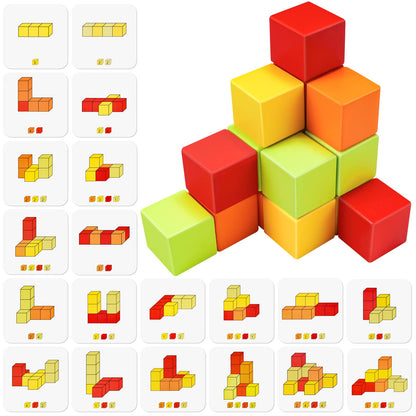 NiToy Wooden Cube Toy 16PCS Building Blocks for Kids 40 Pattern Cards and Storage Pouch, 4 Colors 3D Space Stacking Game STEM Educational Preschool