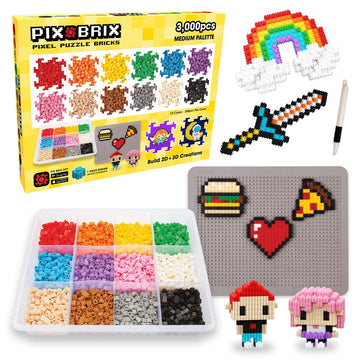 Pix Brix Pixel Art kit Puzzle Bricks - 3,000 Piece Pixel Art Container, 12 Color Medium Palette - Interlocking Building Bricks, Create 2D and 3D