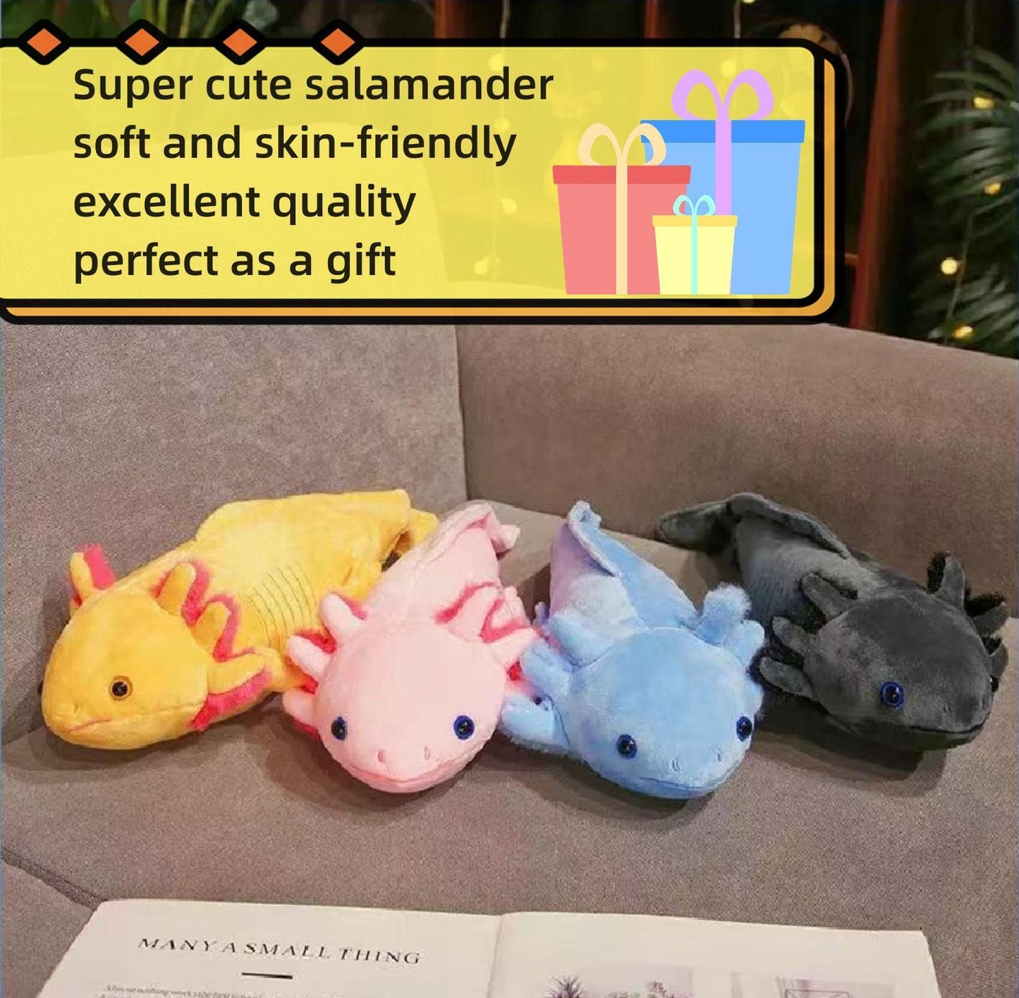 FRANKIEZHOU Realistic Axolotl Plush Toy-Yellow 19”Long, Lifelike Axolotl Stuffed Animal, Axolotl Toy, Soft Axolotl Plush Toy, Pillow for Kids,Gifts