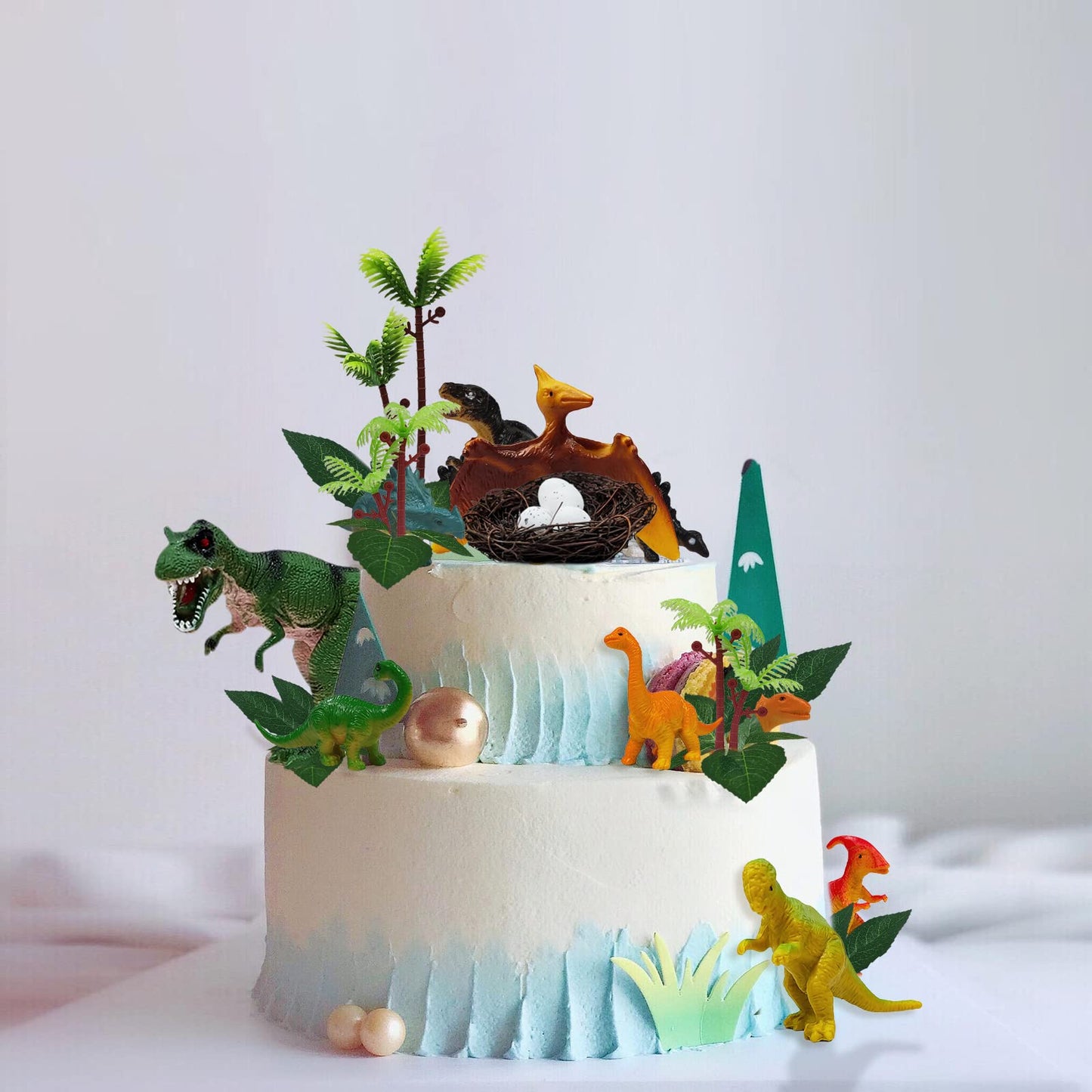 GLAHORSE 26 PCS Dinosaur Cake Toppers With Dinosaur Eggs Leaves Trees Cake Decorations For Birthday,Dinosaur Themed,Jungle Safari, Wild Animals,Kids