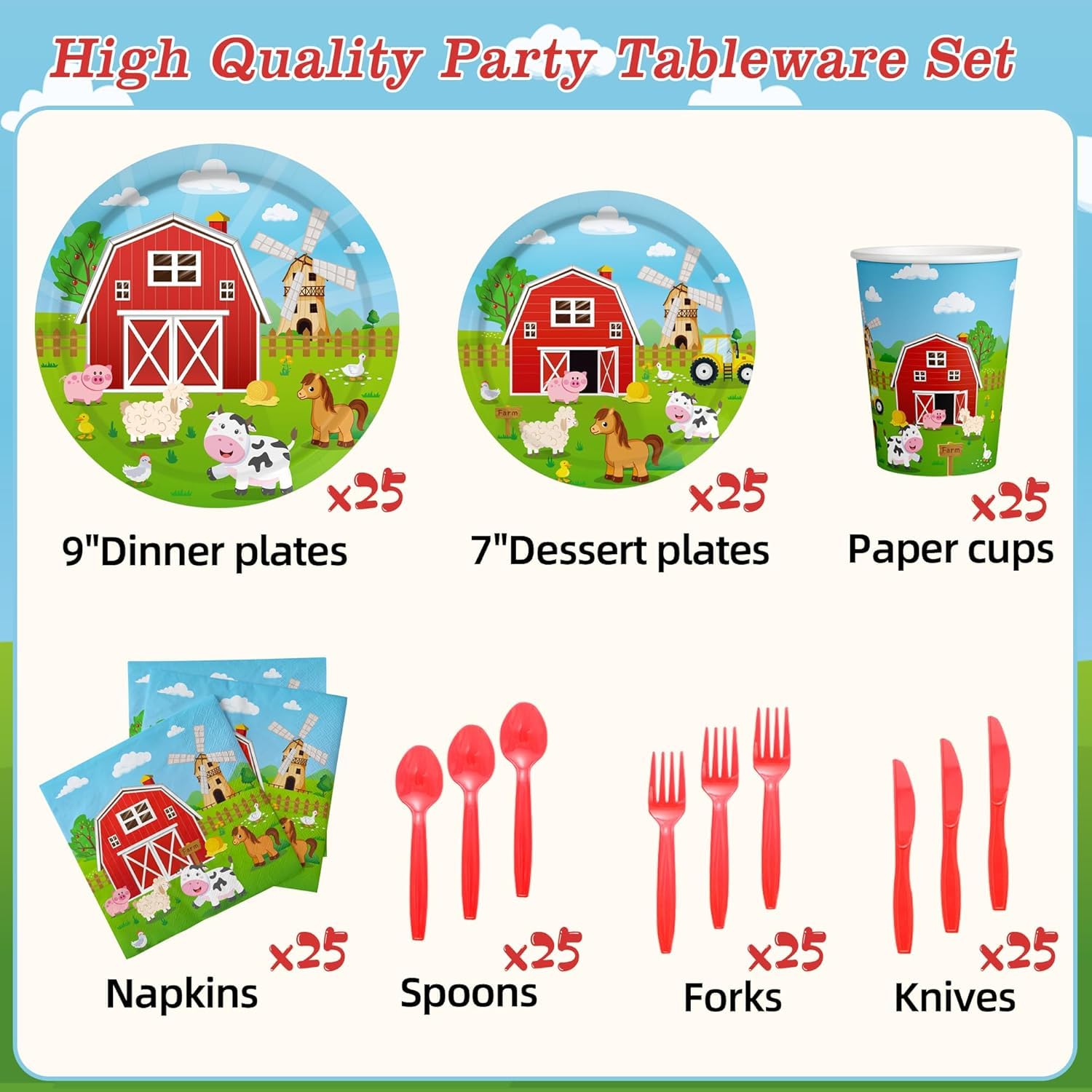 Farm Animal Birthday Party Decorations Farm Plates Tableware Barnyard Farm Birthday Party Supplies Serves 25 Farm Themed Cups, Farm Animal Napkins Red
