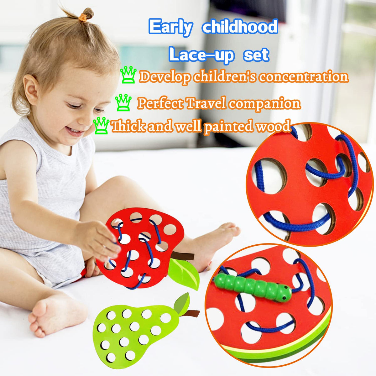 4 Pack Wooden Lacing Toy,Educational Threading Activity Puzzles,Learning Fine Motor Skill Travel Toy,Wooden Fruit Threading Set for Toddlers Kids 3 4
