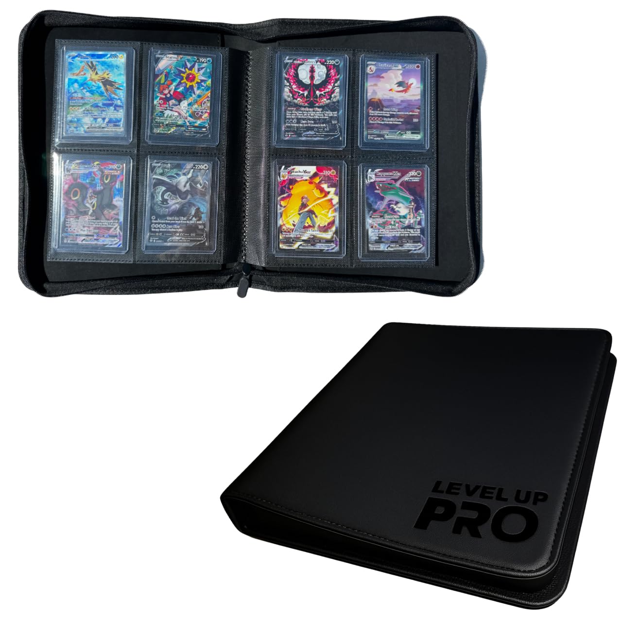 Toploader Binder for 112 Top Loaders - 4 Pocket Trading Card Case - Pokemon, MTG, Sport Cards - Zip Binder - Level Up Pro (Matte Black)