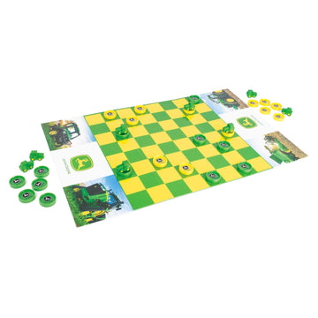 TOMY John Deere Checkers Board Game - Includes Themed Folding Board, Checkers, and Collectible Tractor Kings - Collectible Farm Toys and Strategy