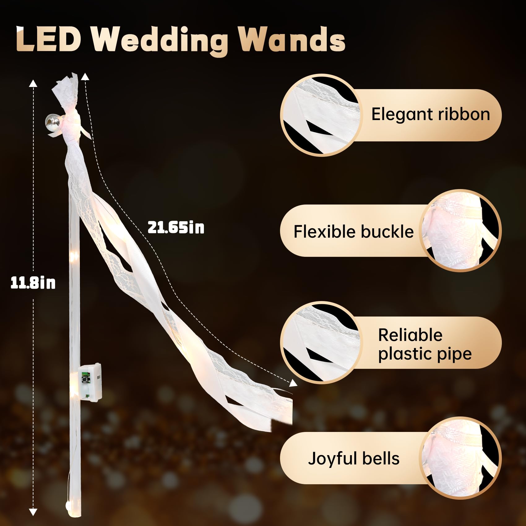 50 PCS Wedding Wands with Ribbons & Bells, Romantic Sparkle with Three Light Modes, Light up Wands for Wedding Send off, New Year, Birthday Party