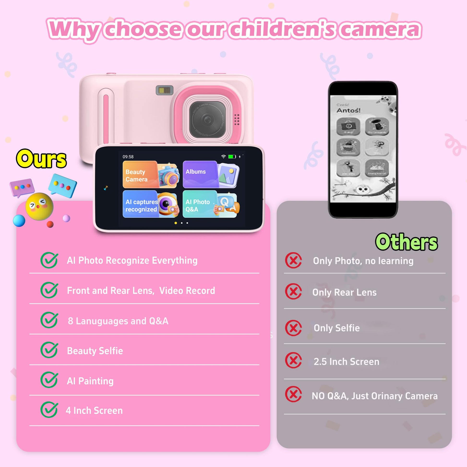 Gimywit AI Kids Camera for 3-11 Year Old Boys and Girls, AI Learning Digital Video Camera with with Object Recognition, Best Birthday, WiFi Kids Toy