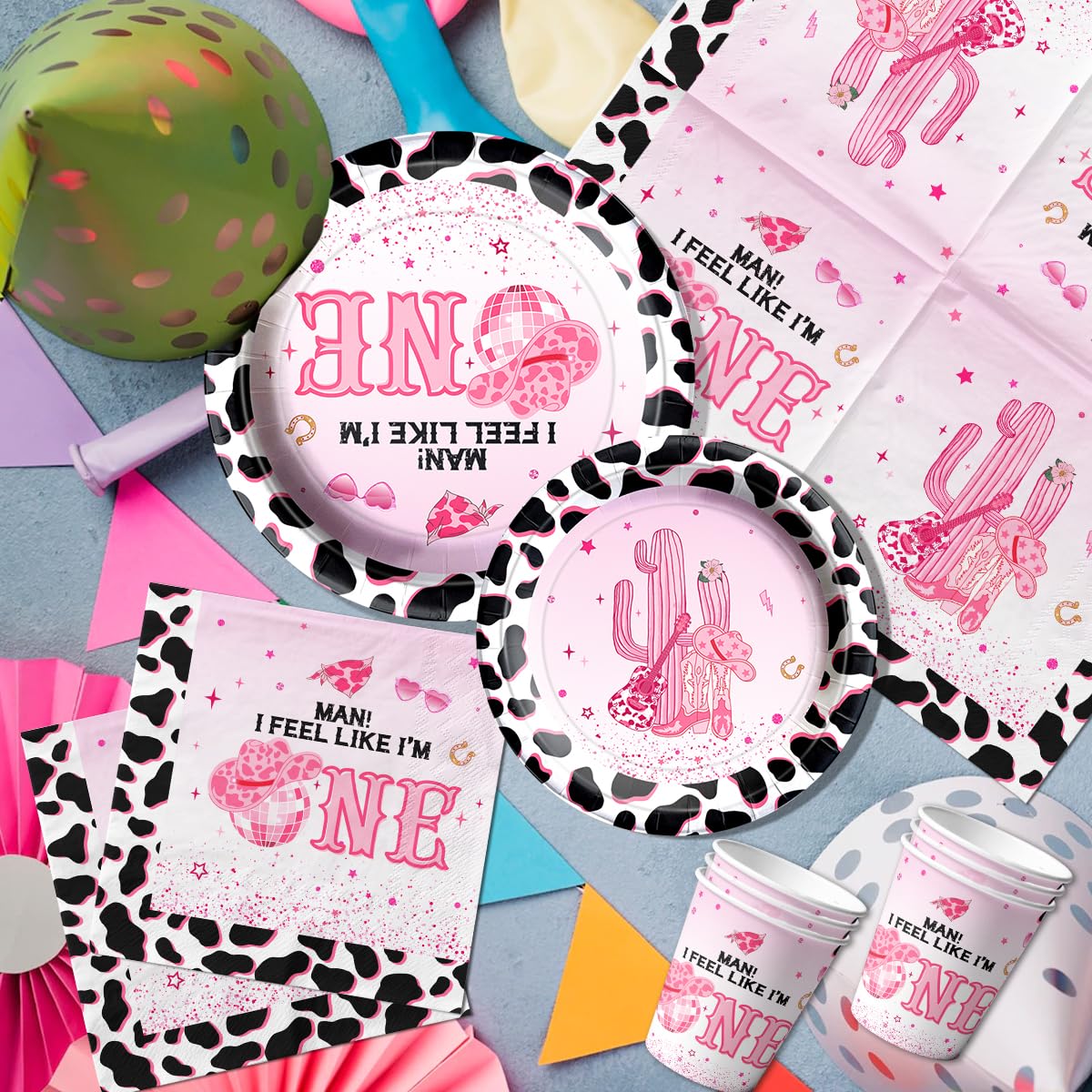 Western Cowgirl Birthday Party Decoration,142Pcs Pink Disco Cowgirl 1st Tableware Set I’m One Cowgirl Plates Napkins Cowgirl Tablecloth for My First