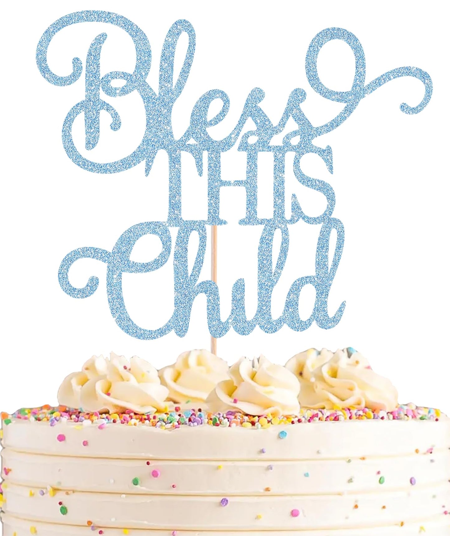 AHAORAY Bless This Child Cake Topper - Light Blue Glitter Chlid Christening Cake Decoration Supply - Smash Cake Topper for First Holy Communion