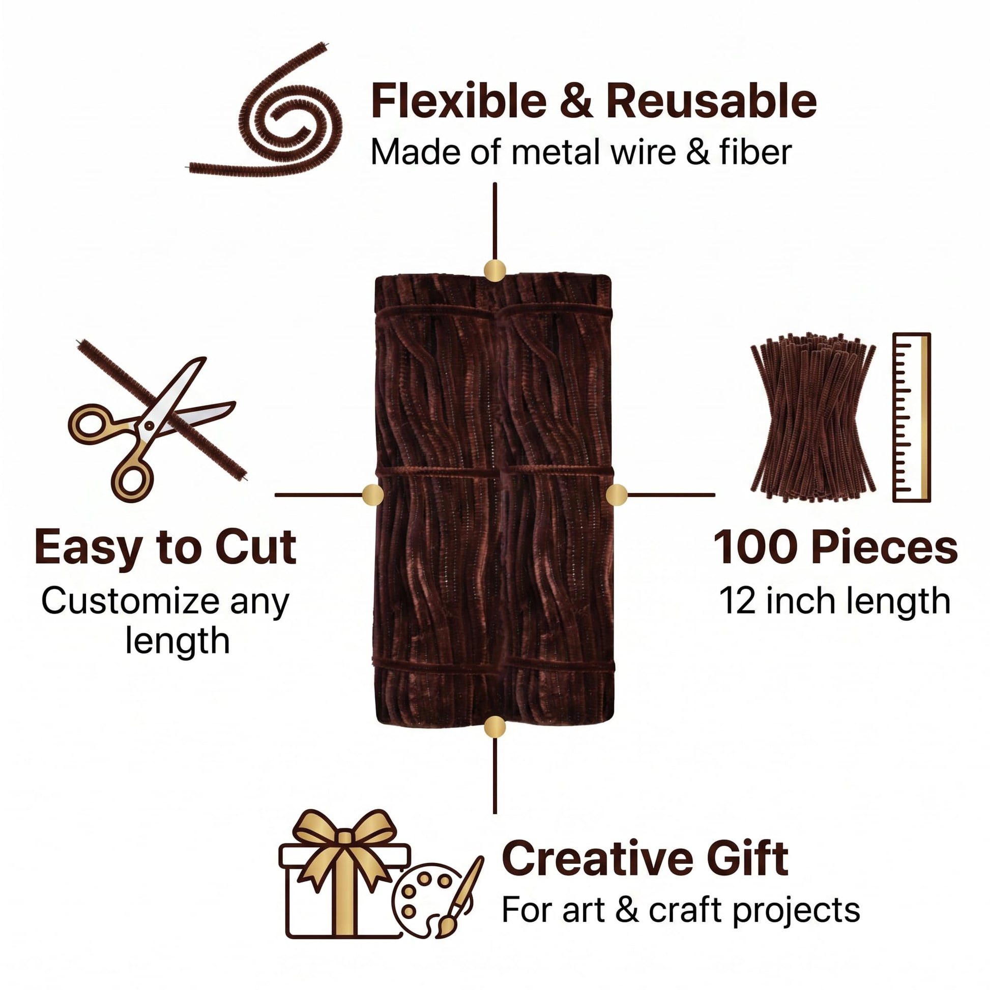 Brown Pipe Cleaners 100 Pieces Chenille Stems for DIY Art Decorations Creative Craft (6 mm x 12 Inch)