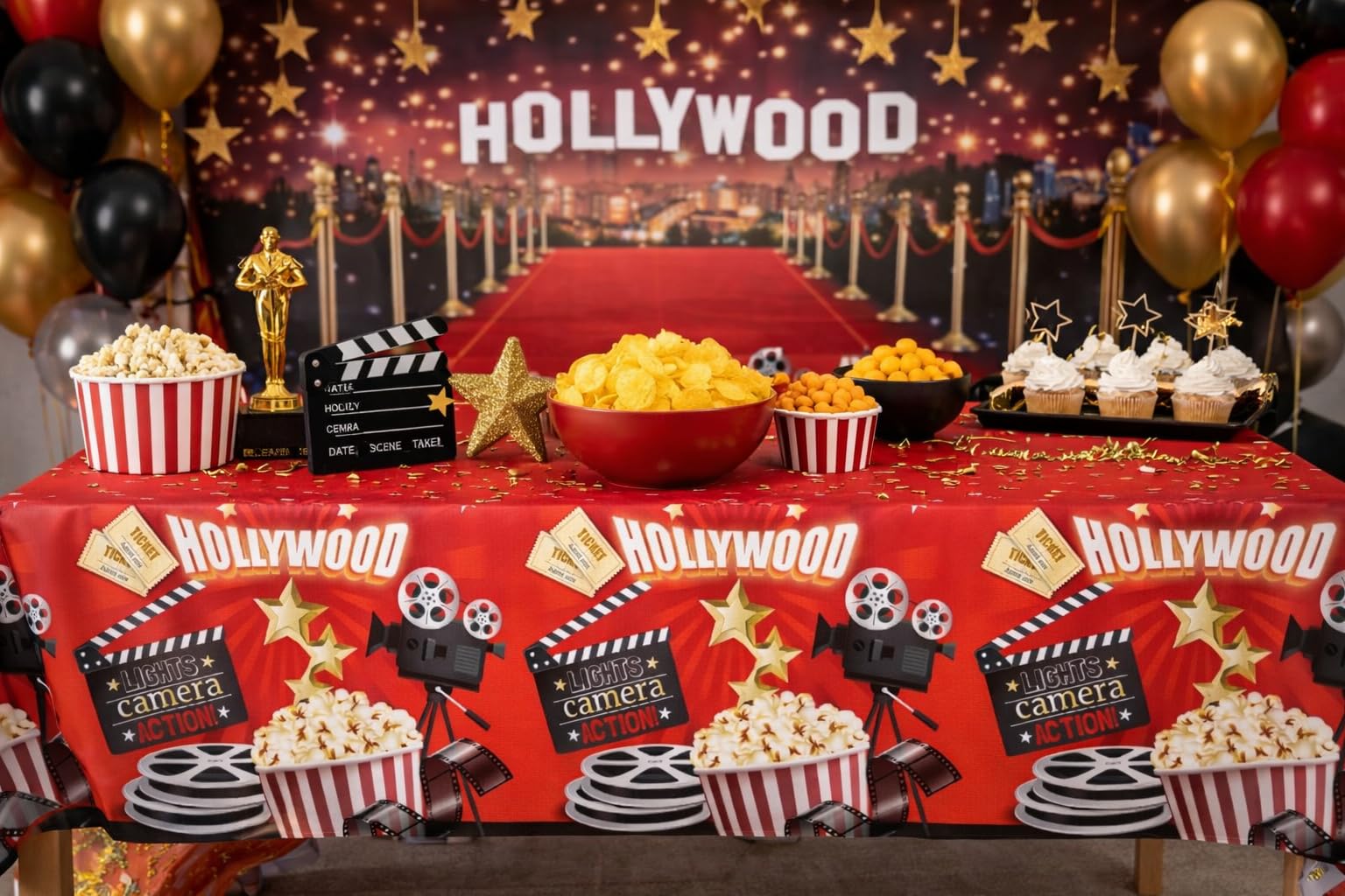 Oojami 4 Pack Table Cover Movie Night Theme Tablecloth Large Size 54" x 108" Ideal for Movie Night Themed Party Table Cover Party Supplies