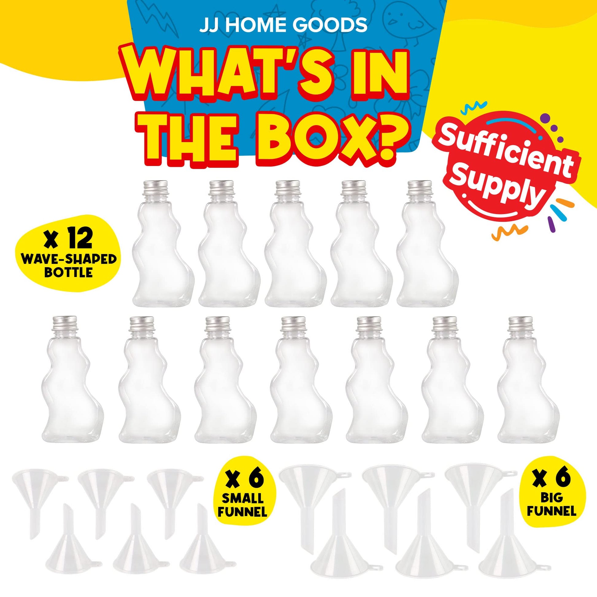 JJ CARE Sand Art Bottles [12 Wave-Shaped Sand Bottles + 6 Small & 6 Large Funnels] Craft Sand Art Kit for Kids 3 Years Above, Non-Toxic Rangoli Color
