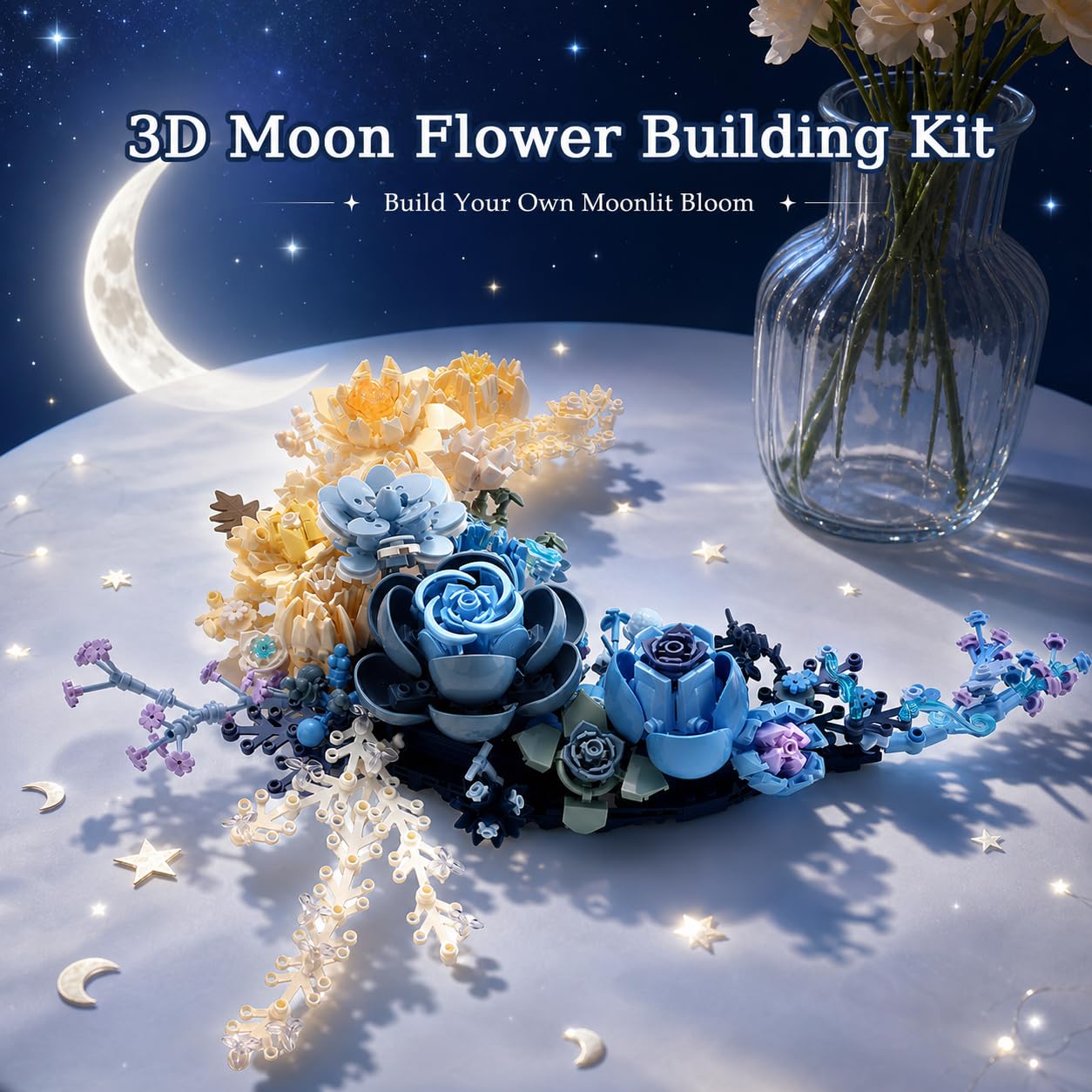Blue Moon Flower Bouquet Building Set, Compatible with Lego Flowers for Adults, Botanical Collection Artificial Flowers Building Blocks, Décor Wall