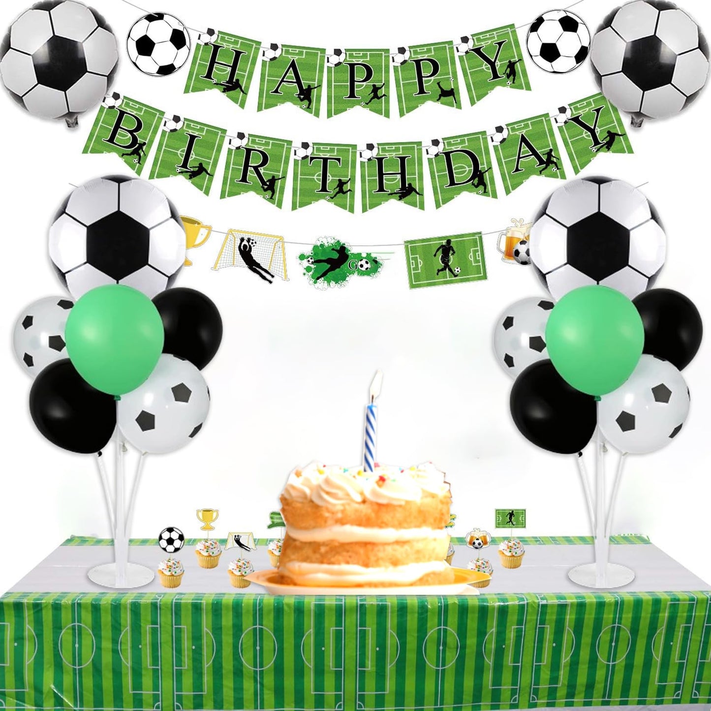4 Sets Soccer Party Balloons Stand Kit, Soccer Party Balloon Centerpiece for Tables with 4pcs Soccer Foil Balloons,28pcs Black Green Soccer Balloon