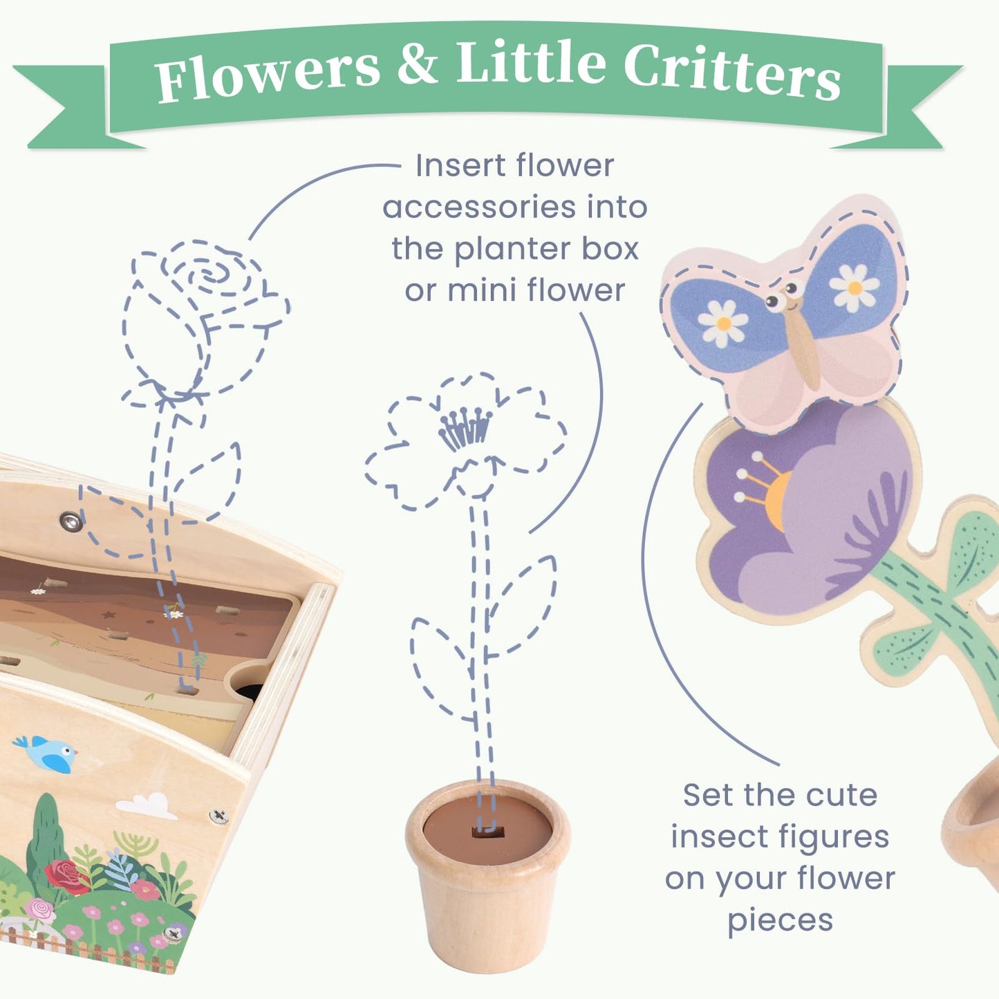 WOODENFUN Wooden Pretend Play Toys for Kids, 22Pcs Flower Garden Playset