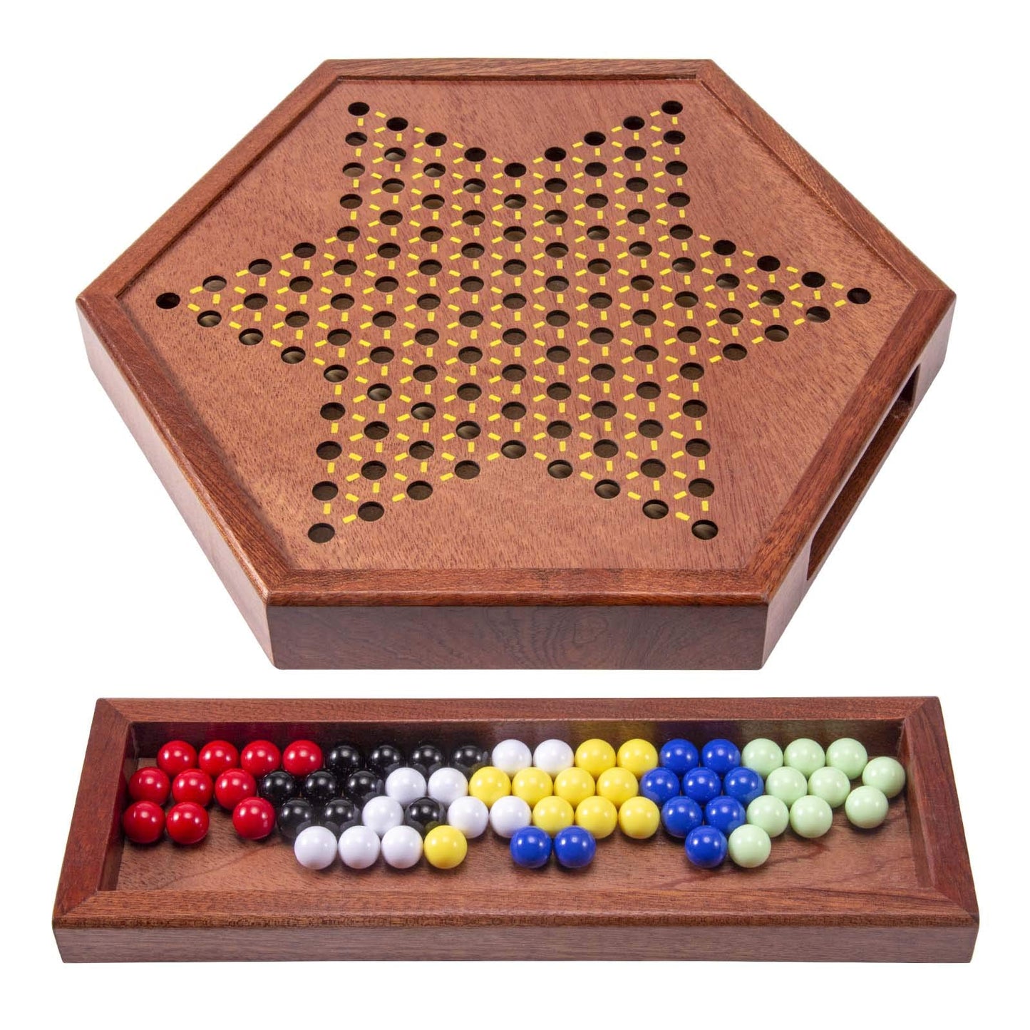 AMEROUS 12.5 inches Wooden Chinese Checkers Set with Storage Drawer - 60 Acrylic Marbles in 6 Colors - 12 Bonus Spare Marbles, Classic Strategy Family