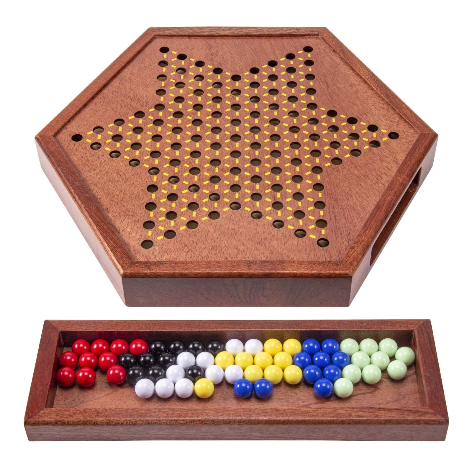 AMEROUS 12.5 inches Wooden Chinese Checkers Set with Storage Drawer - 60 Acrylic Marbles in 6 Colors - 12 Bonus Spare Marbles, Classic Strategy Family