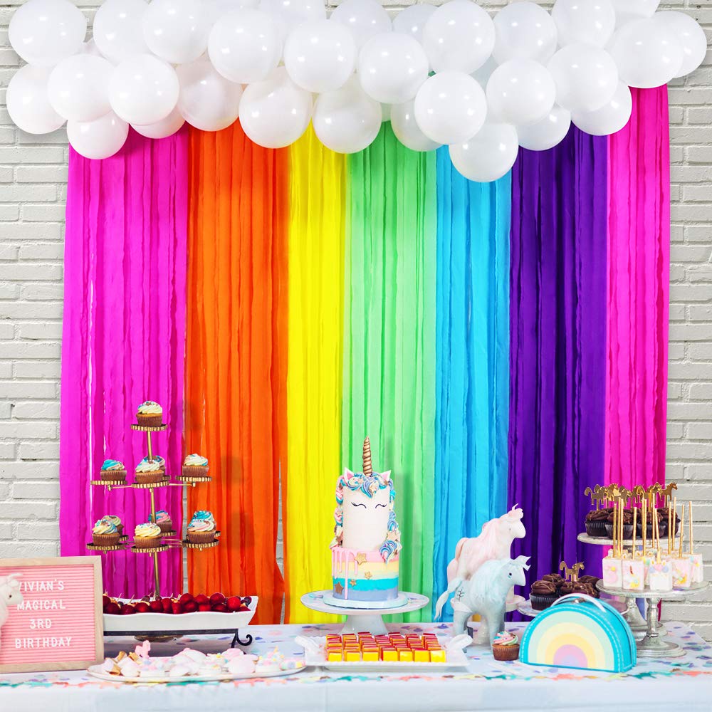 Rainbow Party Backdrop with Balloons Garland, Rainbow Cloud Birthday Photo Backdrops Props Booth Rainbow Crepe Paper Streamers Rolls for Kids Rainbow