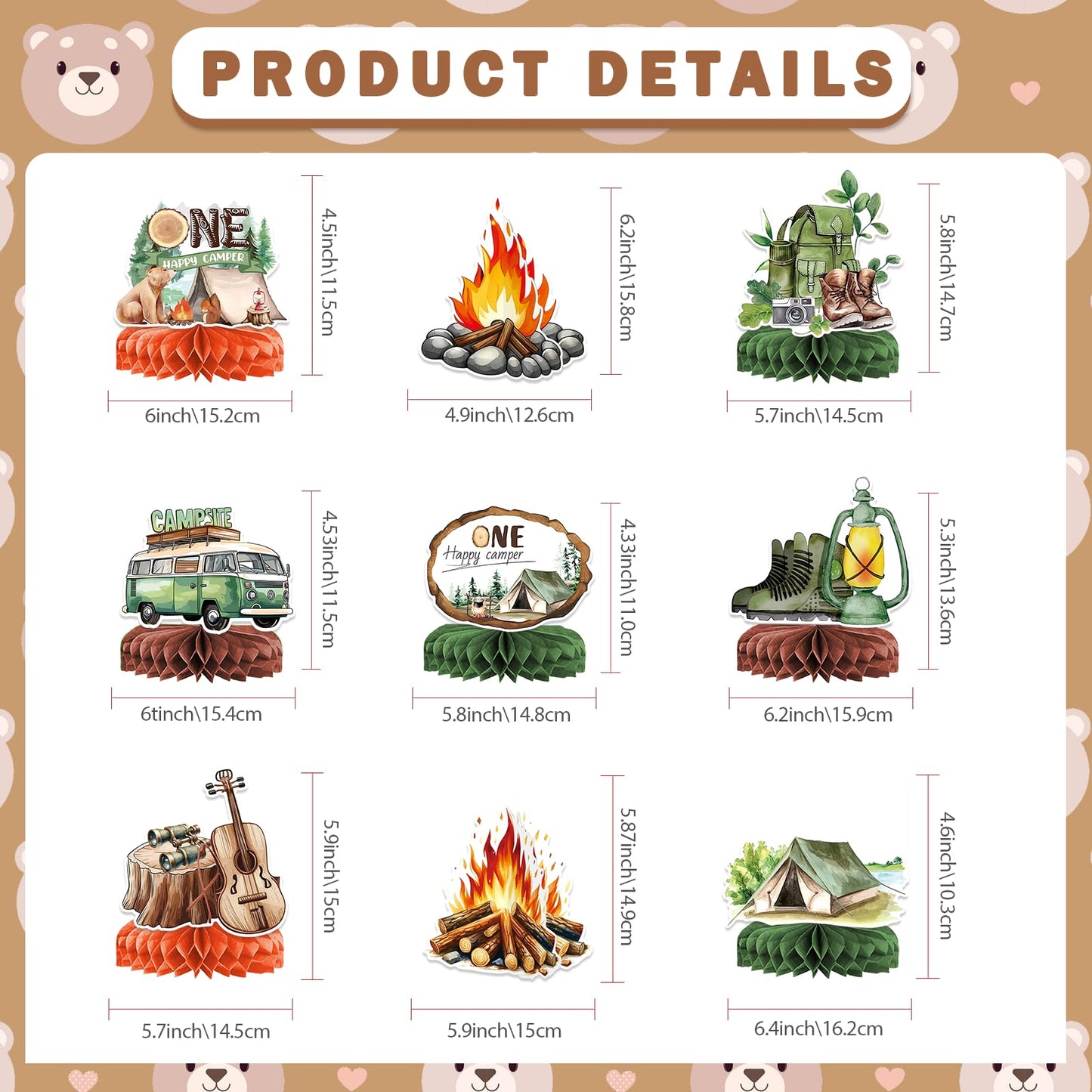 9 PCS Camping Honeycomb Centerpieces with Fake Campfire, Camping Table Decorations, Camping Decorations, Camping Themed Party Decorations, Camping