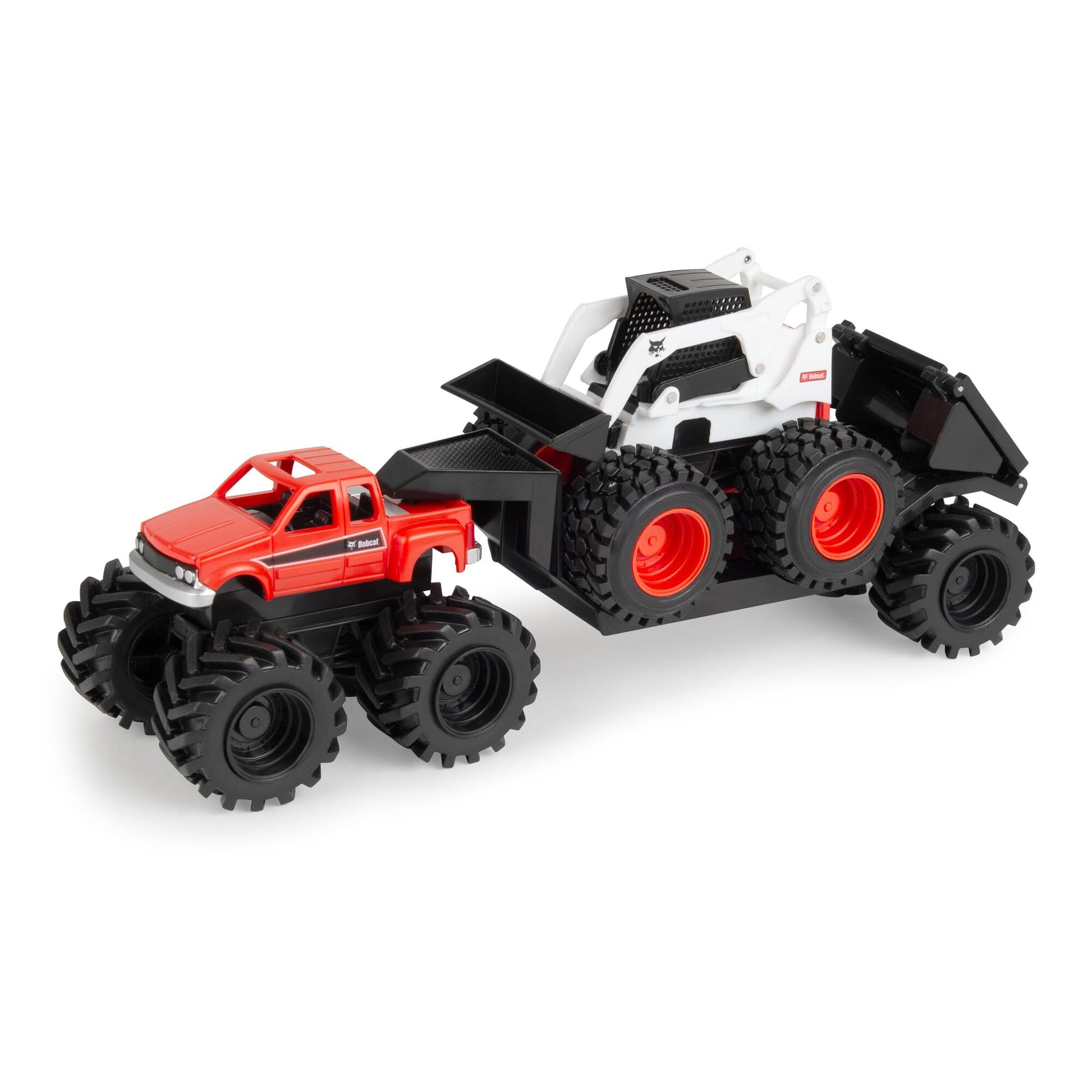 TOMY Monster Treads Bobcat Hauling Playset - Includes Bobcat Monster Truck, Trailer, and Skid Steer - Construction Toys with Bouncy Heavy Duty Tires