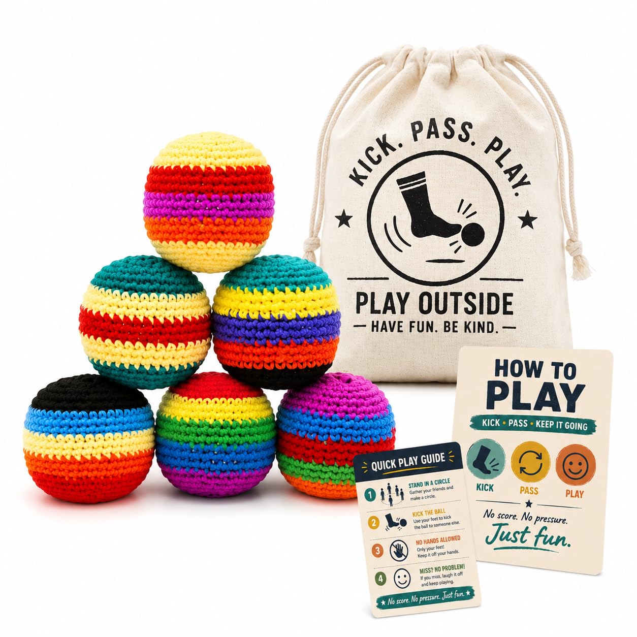 CLYAIDET 6 Pack Handmade Knitted Footbags with Drawstring Bag Play