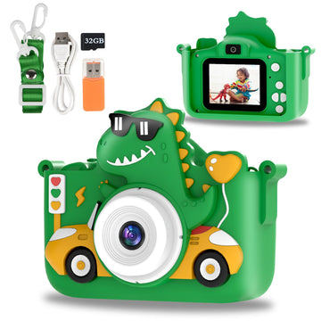 Kids Digital Camera, 1080P HD Video Camera for Toddlers with 32GB SD Card, Dinosaur Protective Case, Card Reader, Fun Selfie Toy Camera for Ages 3-12