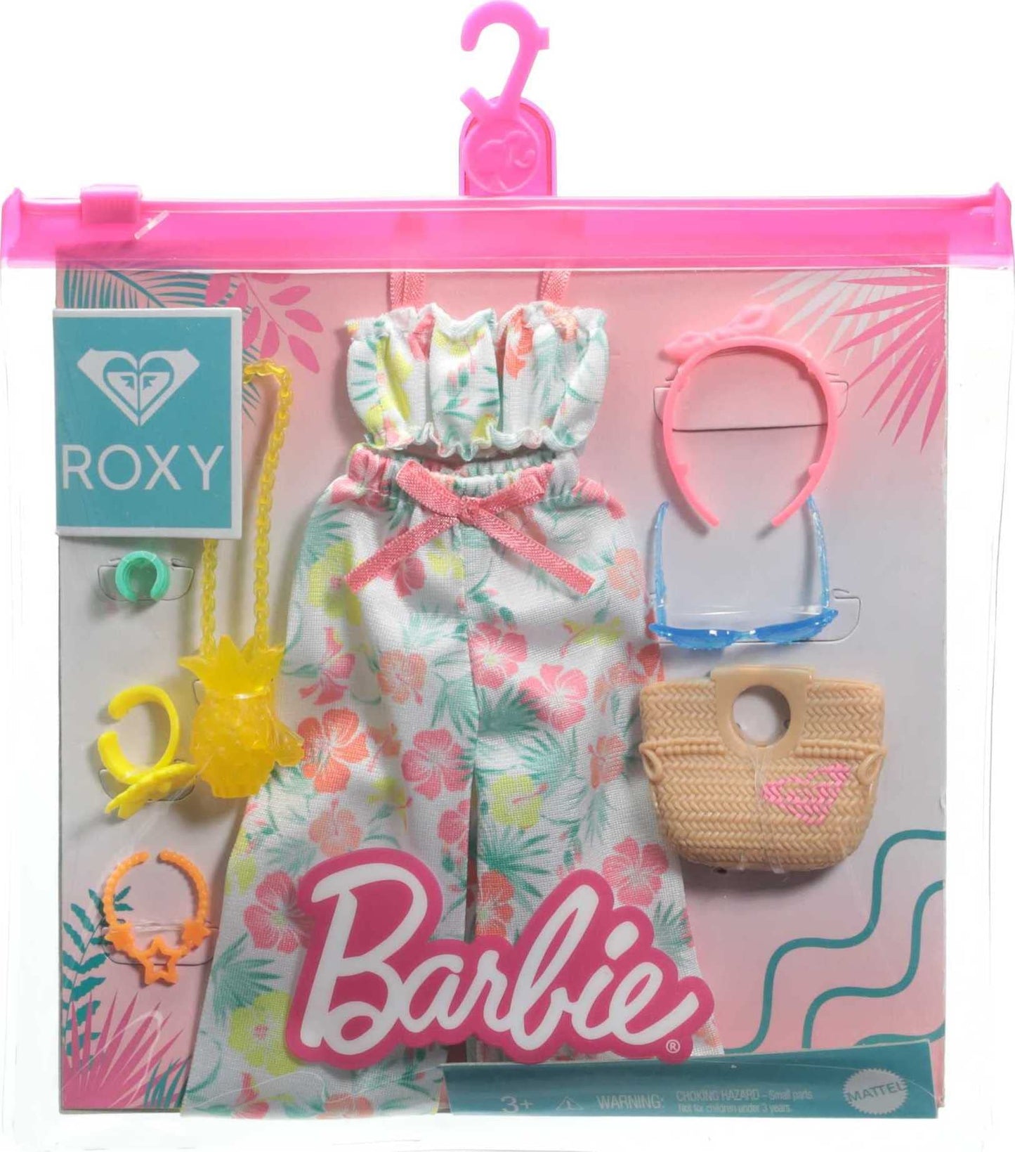 Barbie Storytelling Fashion Pack of Doll Clothes Inspired by Roxy: Matching Floral Top & Pants with 7 Accessories Dolls Including Pineapple Purse