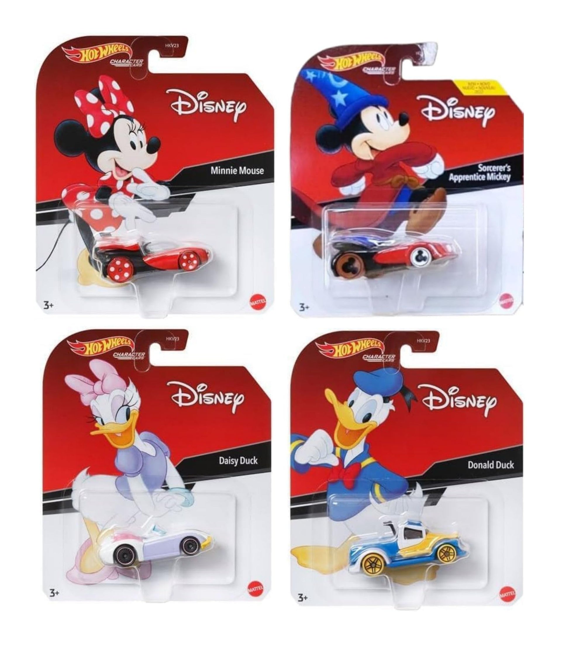 Hot Wheels Disney Character Cars Collection, Bundle of 4, Minnie Mouse, Sorcerer's Apprentice Mickey, Daisy Duck, Donald Duck, Ages 3+ HDL35-956C