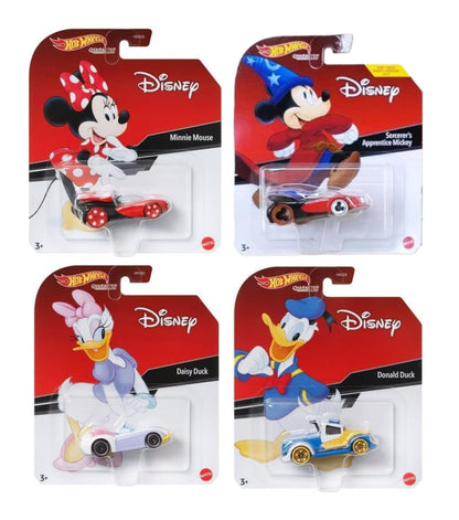 Hot Wheels Disney Character Cars Collection, Bundle of 4, Minnie Mouse, Sorcerer's Apprentice Mickey, Daisy Duck, Donald Duck, Ages 3+ HDL35-956C